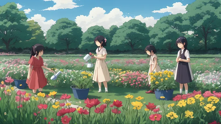 in style of hayao miyazaki，Girls watering flowers