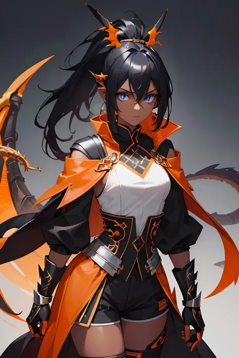 1girl , (((Dark Skin)))), Black Hair with Ponytail, (((Blue Eyes))), ((Black Metallic Gauntlets and Greaves with Orange and Silver Highlights)), (((The Clothes Have a Mix of Modern and Tribal))), (((The Clothes Have a Mix of Modern and Tribal))),  having m...