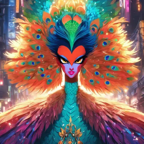 Drag Queen Celestial Masculino,Huge peacock style dress,vivid colors,belos olhos detalhados,beautiful detailed lips,Exotic Makeup,penas brilhantes,Sparkling Accessories,headpiece colorido,salto alto,impressive presence,dramatic lighting,studio photography,...