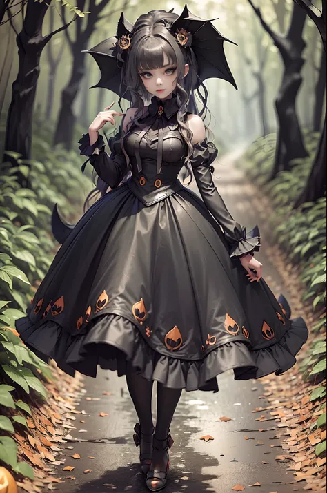 A cute vampire woman in a black gothic dress walks through a dark forest decorated with pumpkins