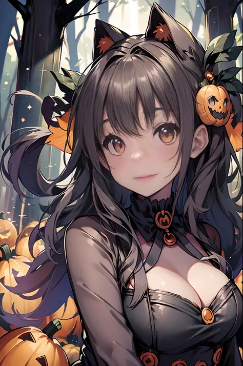 A cute vampire woman in a black gothic dress walks through a dark forest decorated with pumpkins