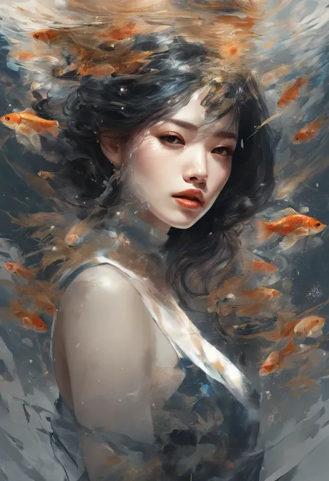 Perfect centralization of Thai women, Black goldfish miracle, joy, Standing position, abstract beauty, centered, looking at the camera, facing camera, Approaching perfection, dynamic, high-detail, smooth, crisp focus, 10, high-res, illustration, Art by Car...