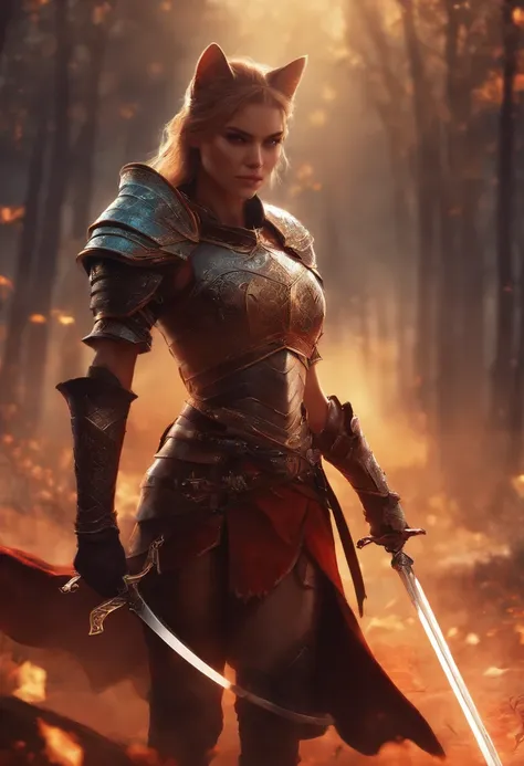 hiquality, the anime, 2D, Khajiit girl in armor standing on the battlefield with a sword in her hands