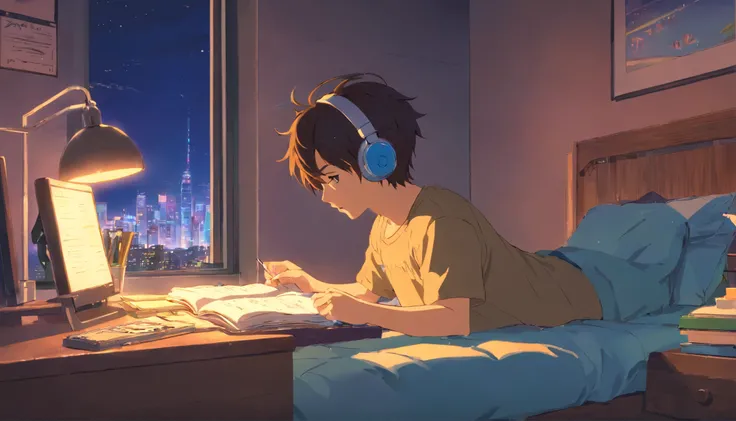 1boy,night city, bedroom, headphones, puppy, reading, desk.