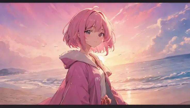 Anime Girls，A pink-haired、shorth hair，Dynamic Hair，robe blanche，standing at the beach，Mare，seagulls ，Dynamic Cloud，the setting sun，colorful image，Cool and warm colors，8K，tmasterpiece，best qualtiy，Cinematic lighting