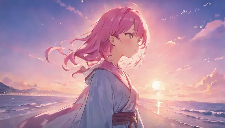 Anime Girls，A pink-haired、shorth hair，Dynamic Hair，robe blanche，standing at the beach，Mare，seagulls ，Dynamic Cloud，the setting sun，colorful image，Cool and warm colors，8K，tmasterpiece，best qualtiy，Cinematic lighting