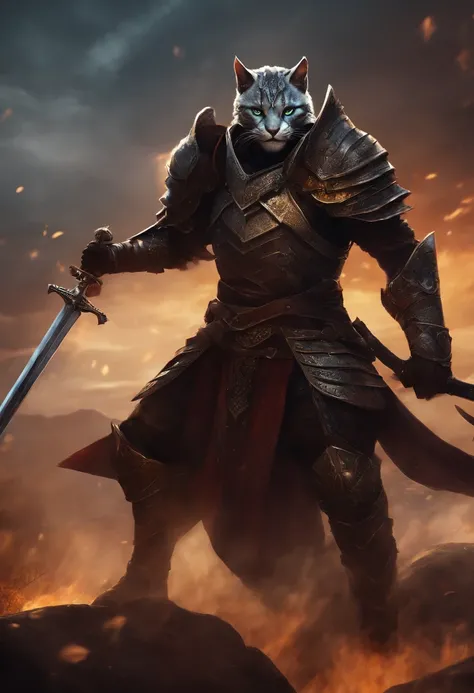 hiquality, the anime, Armored Khajiit stands on the battlefield with a sword in his hands