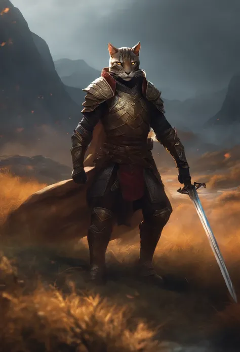 hiquality, the anime, Armored Khajiit stands on the battlefield with a sword in his hands