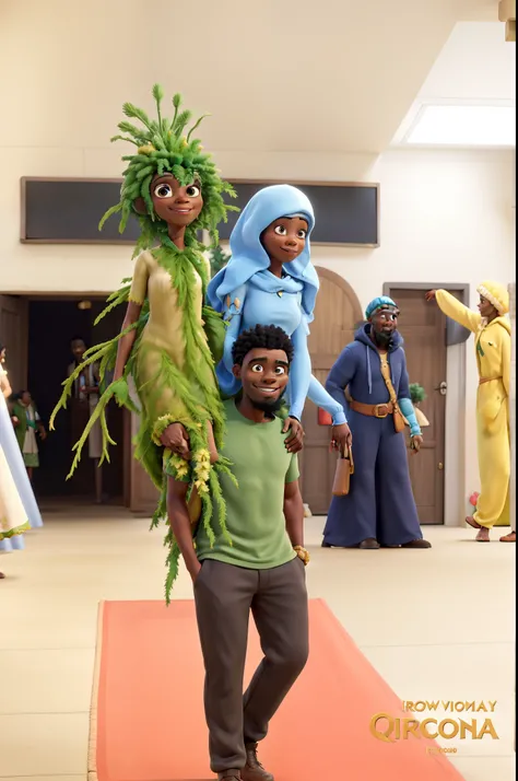 Black man dressed as a tree with a woman on his back dressed up as a biblical character in Disney Pixar style, alta qualidade, melhor qualidade