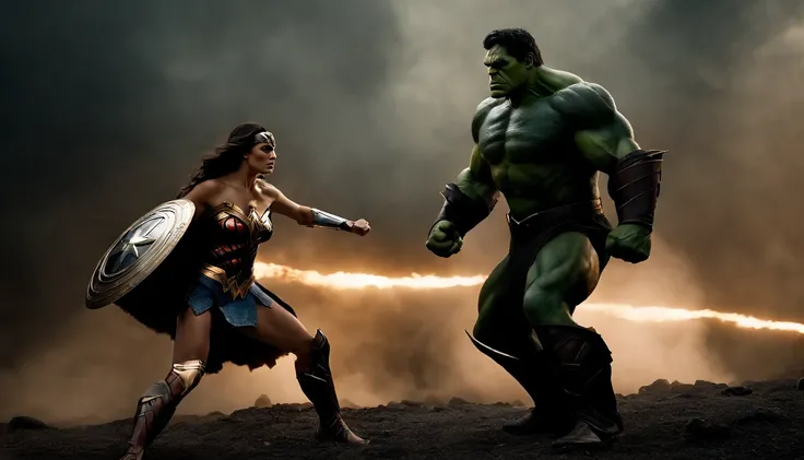 A villain wearing black armor faces off against the Hulk and Wonder Woman in an intense battle, hiper-realismo, Cinematic lighting, Detalhes altos, master part, best quality, alta qualidade, Super Detalhe, retina, 8k, Dark and atmospheric color palette, dr...