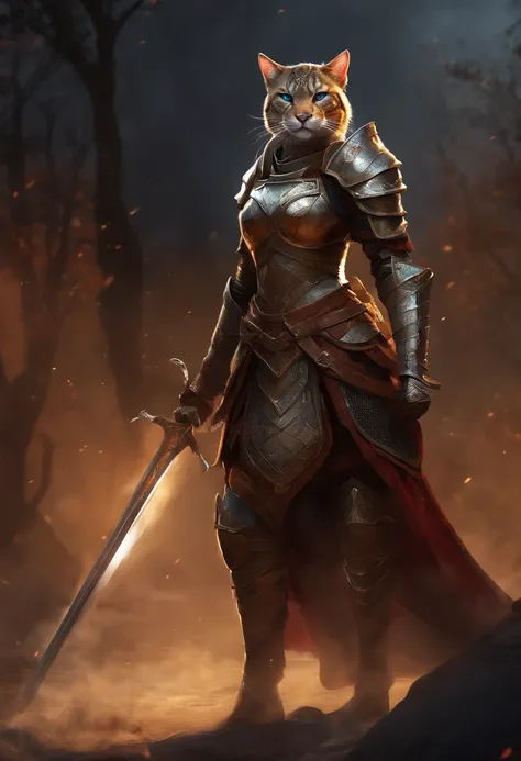 the anime, A female Khajiit in armor stands on the battlefield with a sword and shield in his hands