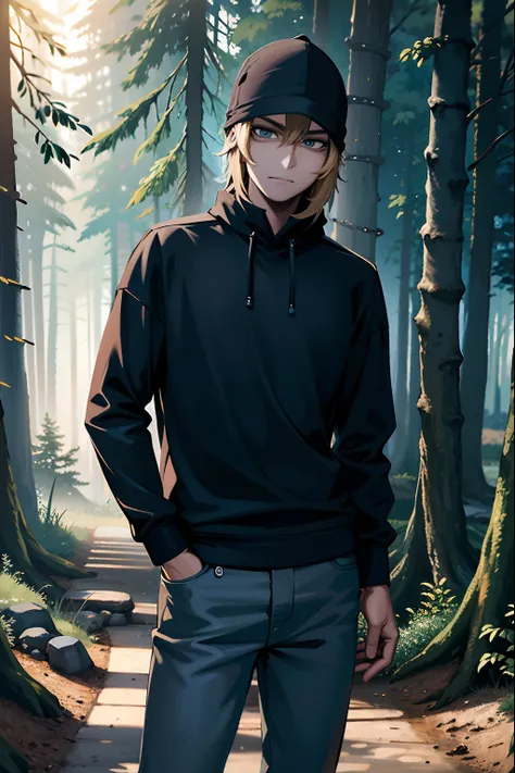 There is a man standing on a path in the woods, anime exuberante john 8k madeiras, cara de anime alto com olhos azuis, Digital anime illustration, floresta em segundo plano, standing in the forest, estilo de arte realista, Arte no estilo de Guweiz, arte de...