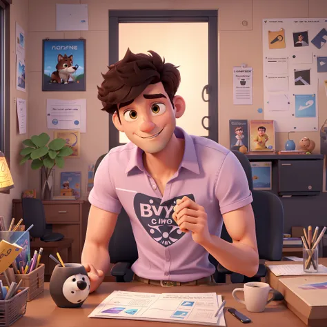 Create a Pixar movie poster texto "NILSON OLIVEIRA", Boy, approximately 25 years old, short and stylish hair, black hair and clean shave, light brown eyes, slightly muscular body, dress shirt, pink shirt, sitting in the office chair looking at the notebook...