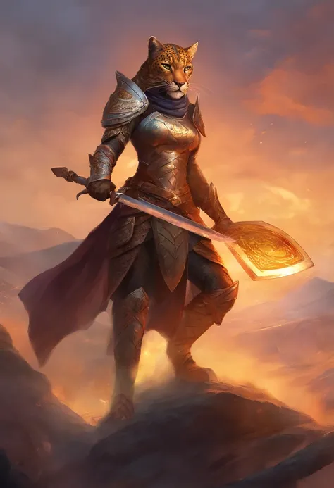 Khajiit Jaguar Female, in leather armor, On the battlefield, with a shield in his hands and a sword