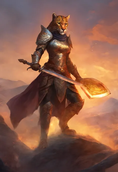 Khajiit Jaguar Female, in leather armor, On the battlefield, with a shield in his hands and a sword