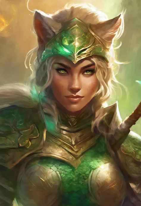 Khajiit Jaguar Female, green colored eyes, Hairstyle, hair tied in a ponytail, in armor, Defends against attack, grinning