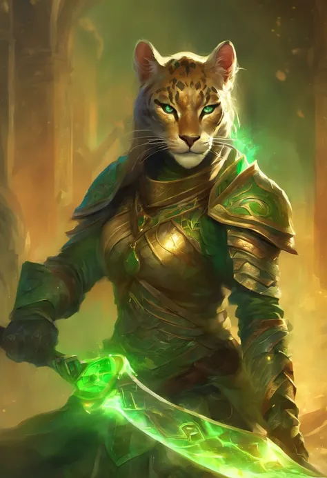 Khajiit Jaguar Female, green colored eyes, Hairstyle, hair tied in a ponytail, in armor, Defends against attack, grinning