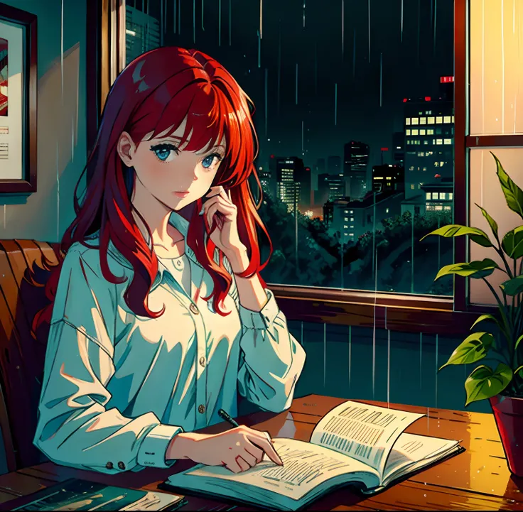 Red-haired girl reading at night near a window in the rain