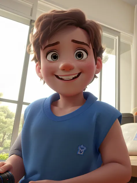 A child in Pixar style smiling at blue tank top camera