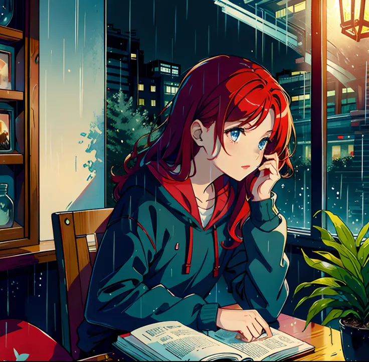 Red-haired girl reading at night near a window in the rain