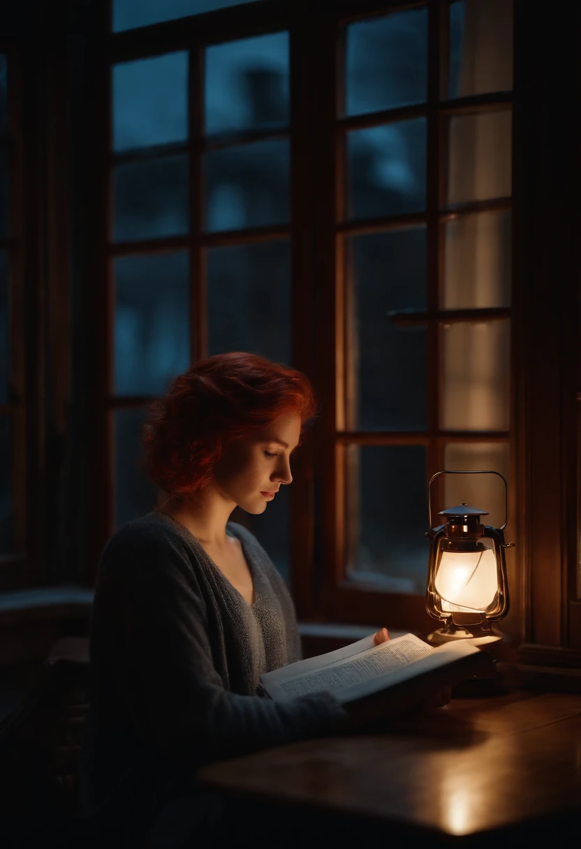 under the rain、Red-haired girl reading at night near the window