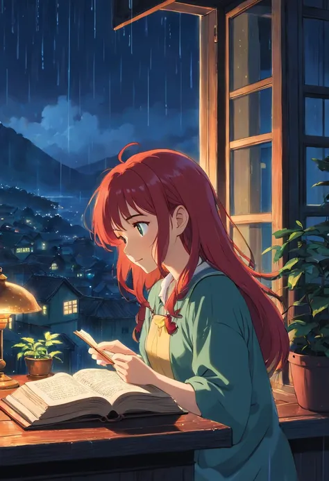 Red-haired girl reading at night near a window in the rain