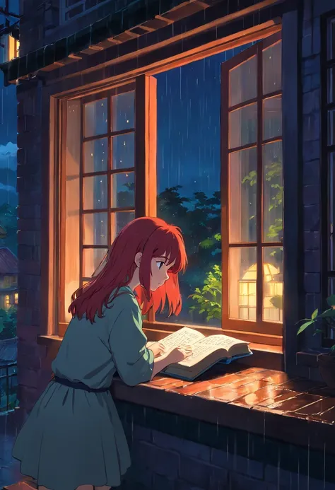 Red-haired girl reading at night near a window in the rain