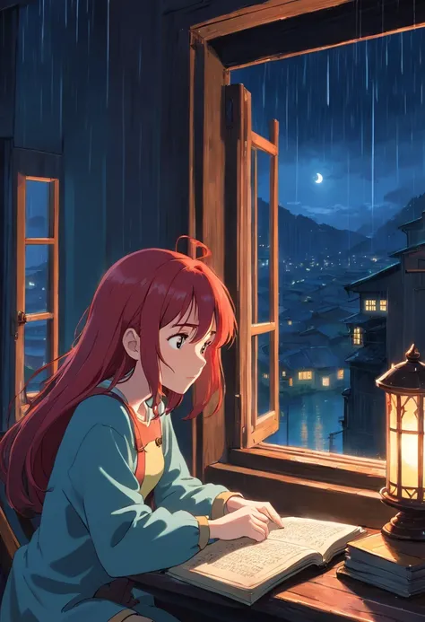 Red-haired girl reading at night near a window in the rain