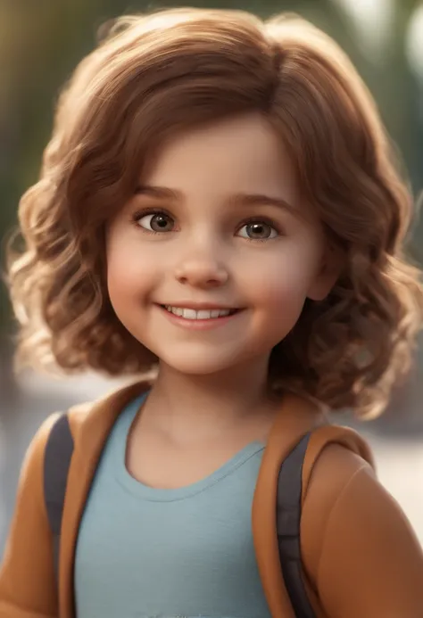 a happy cute kid girl standing short hair, loira, olhos castanhos, feliz, sorridente, vestindo roupa fitness, fundo branco, barnet, Tom, Estilo Pixar, ......3d, desenhos animados, rosto detalhado, asymmetrical 16k