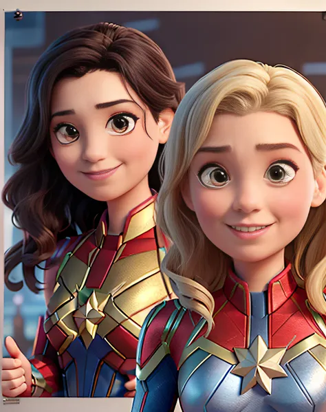 Um poster de filme estilo disney pixar com duas contadoras sorrindo, de cabelos longos, a mulher da esquerda com cabelo preto e a da direita com cabelo loiro, alta qualidade, Dressed as Wonder Woman and Captain Marvel