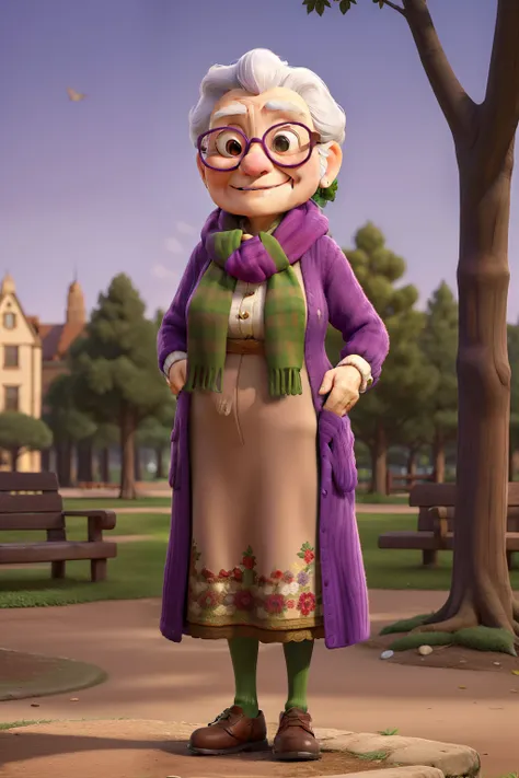 masterpiece, best quality, an old woman with glasses and a scarf on, wearing a purple coat and green scarf, standing at the park