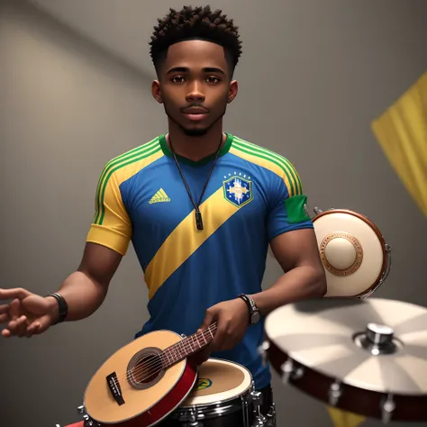 Black man with Brazil shirt with tambourine instrument in hand