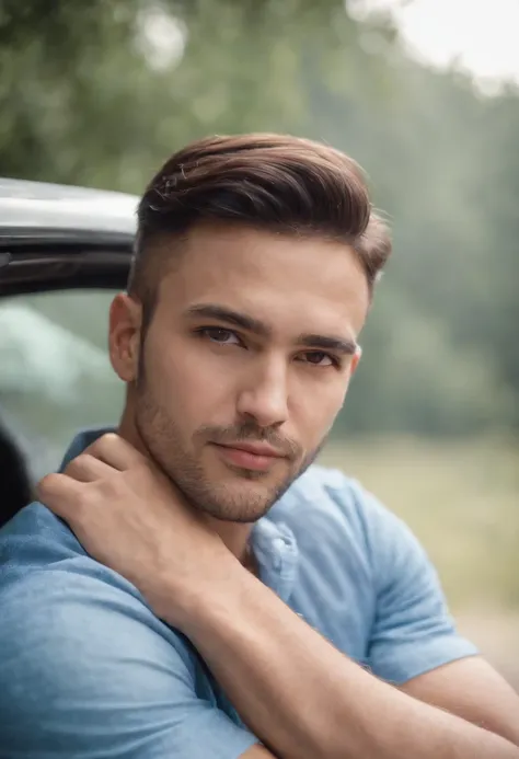 A man in a blue shirt sits in a car., Andres Rios, headshot profile picture, professional profile picture, Christian Orrillo, 2 7 years old, 2 8 years old, profile portrait, khyzyl saleem, 2 9 years old, Professional images, taken in the early 2020s, Very ...