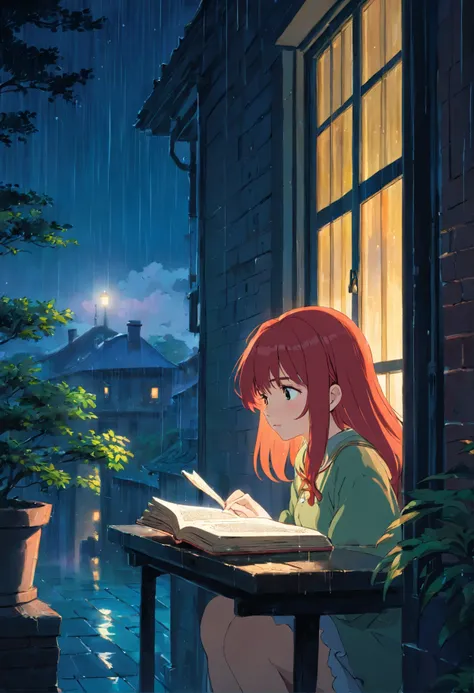 Red-haired girl reading at night near a window in the rain