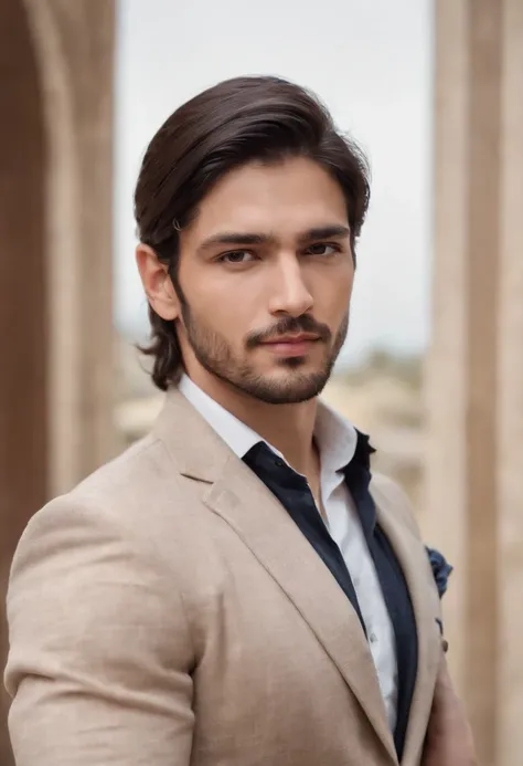 The character stands with straight arms., dark hair (Long hair, neck tied with a ponytail.), Good poses, Handsome Man, pretty face, Caucasian, bearded indian face, royal elegant pose, businessman, (In a striped blazer.), (The surrounding environment is an ...