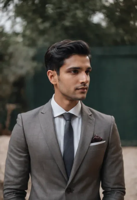 Interesting, 27-year-old athletic man with medium length black hair in a business suit boss Hugo in India.