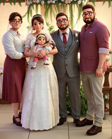 Wedding. Left woman brunette. Bride holding little baby girl. Fat groom. Man besides The groom, little fat big glasses and beard.