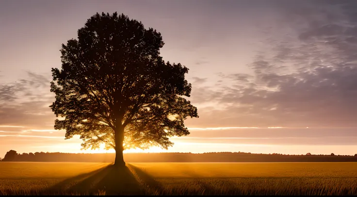 there is a tree that is standing in the middle of a field, dramatic warm morning light, morning dramatic cinematic light, dramatic morning light, golden hour scene, early morning light, moody morning light, early morning mood, photorealistic landscape, cin...