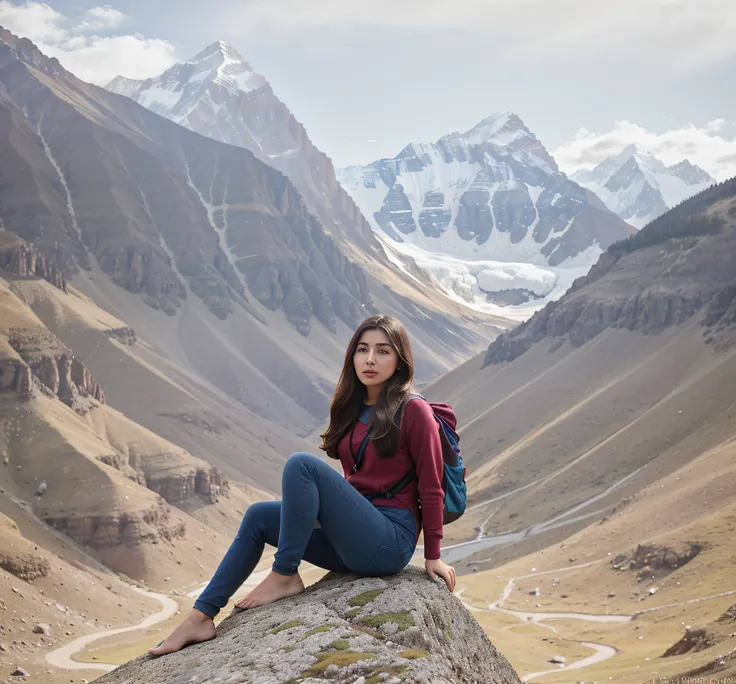 Araffe sitting on a rock in the mountains with a backpack, sitting cutely on a mountain, up in the mountains, cuerpo atletico, cuerpo musculoso, Hermosa mujer del Himalaya, Maya Ali Hechicero del Viento, on mountain, Hermosa joven del Himalaya, Maya Ali, s...