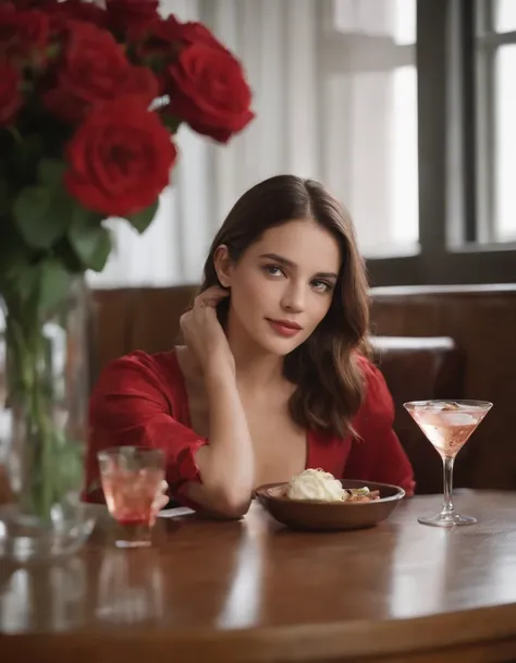 A young woman sits at table with roses and cocktails, estilizado em vermelho claro e cores esmeralda clara, imagem bem-humorada, Wimmelbilder, Close-up