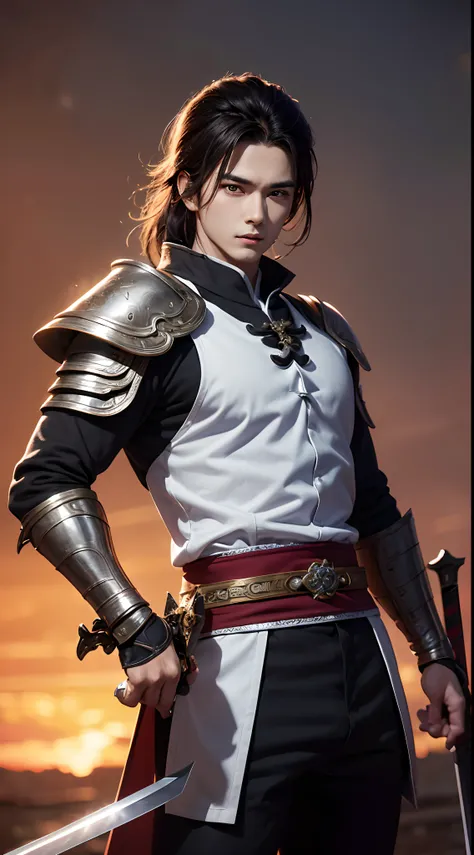 8K,Photorealsitic　Raw photography　top-quality;1.4) 　(1 Juvenile Attendant)　Super handsome use　(Lifelike face)　Shonen Demon Slayer　Black and red combat uniform　Black pants　Leggers Armor　Beautiful expression　超A high resolution　A smile　accurate detail　real lo...