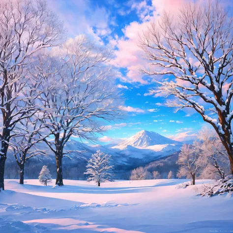 (Best Quality, Masterpiece) Beautiful, Snowy landscapes, warm, pale pink, Another winter tree, Bright color, Bright, blue skies, covered with clouds, The Spirit of Hope, Calm and peaceful landscape.