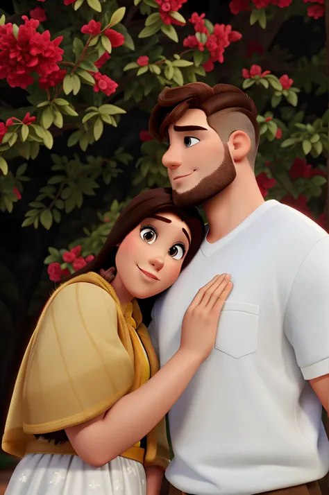 Um casal no pedido de casamento, White man with brown hair and gradient cut on the sides and brunette woman Disney Pixar style, alta qualidade, melhor qualidade