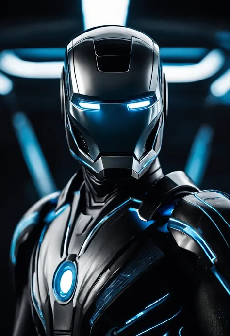 Tron Combined with Ironman, tron legacy, battle pose, crystal clear image, intricate details, close up, battle scars, black and blue themed, simulation world