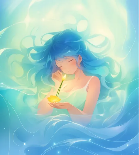 beautiful girl surrounded by liquid light, long wavy blue hair, watercolor illustration, inspired by Glen Keane, inspired by Lois van Baarle, disney art style, by Lois van Baarle, glowing aura around her, by Glen Keane, jen bartel, glowing lights! digital ...