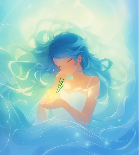 beautiful girl surrounded by liquid light, long wavy blue hair, watercolor illustration, inspired by Glen Keane, inspired by Lois van Baarle, disney art style, by Lois van Baarle, glowing aura around her, by Glen Keane, jen bartel, glowing lights! digital ...