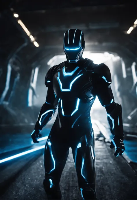 Tron Combined with Ironman, tron legacy, battle pose, crystal clear image, intricate details, close up, battle scars, black and blue themed, simulation world