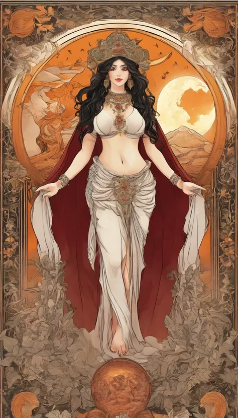 pumpkin sits in front of a thin veil, decorated with pomegranates. On either side of the High Priestess are two pillars, Marking the entrance to this sacred, Mystic Temple. White poles. The High Priestess is dressed in a red robe with a cross on her chest ...