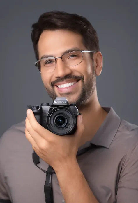 Smiling man holding a camera and a flash light in front of him, Foto Profissional, Foto profissional, Eloy Morales, imagem profissional, Fotografia selfie 8k, professional photographie, enquanto sorri para uma fotografia, smiling at camera, camera flash is...