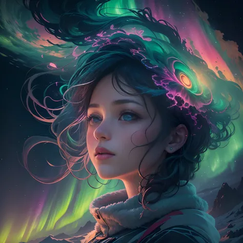 tmasterpiece, 4K, Hyper-Resolution, Optimal image resolution,aurora borealis，This stunning illustration depicts a portrait of a young girl in the Northern Lights, Express your thoughts, Emotions and dreams in surreal and magical landscapes. Use bright colo...